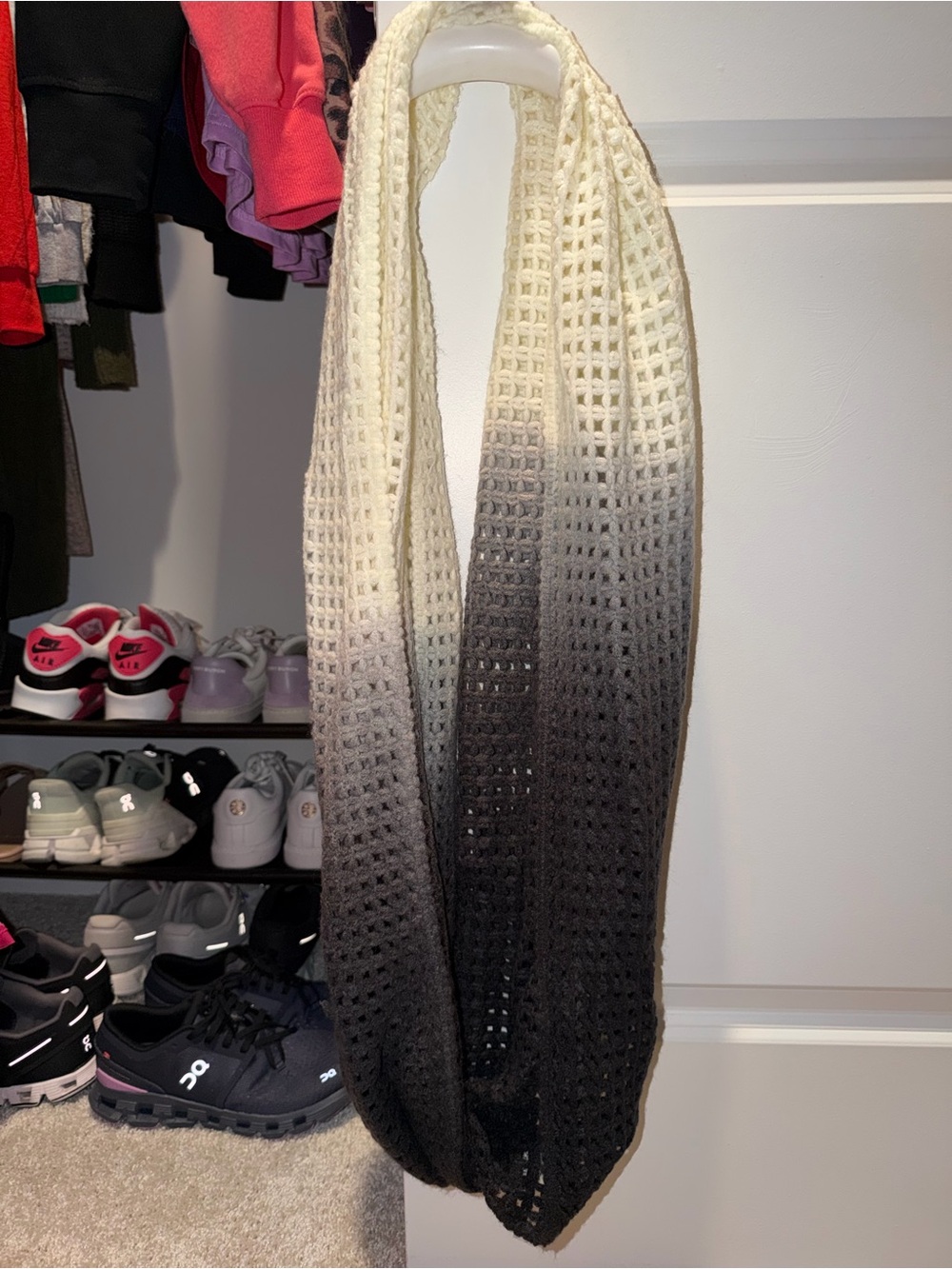 Ombre Open-Weave Infinity Scarf - Cream to Black